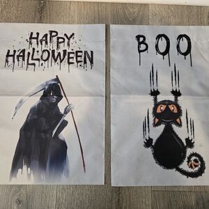 Set Of 2 Spooky Halloween Yard Flag Banners Grim Reaper Black Cat Boo 17" X 12"